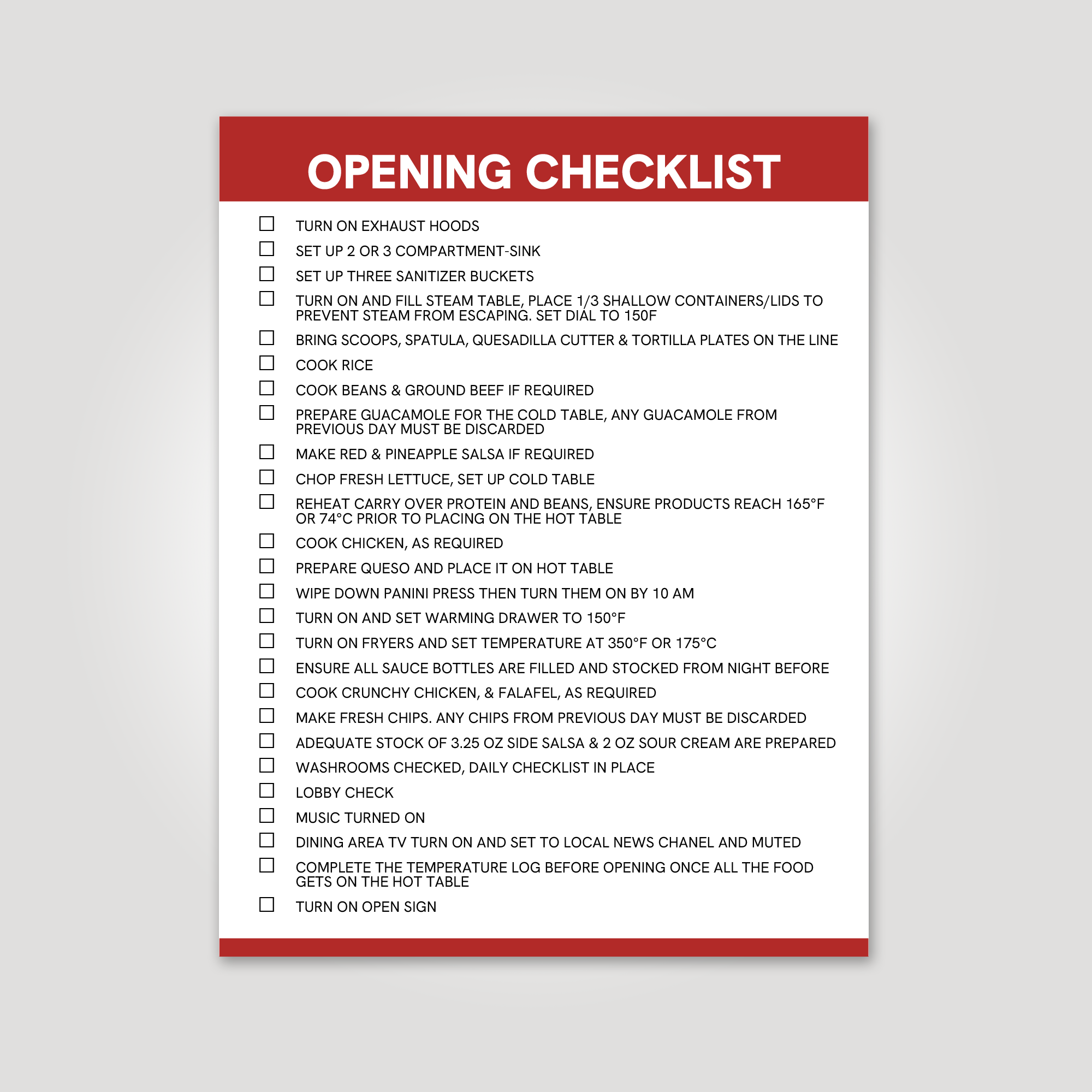 Opening Checklist