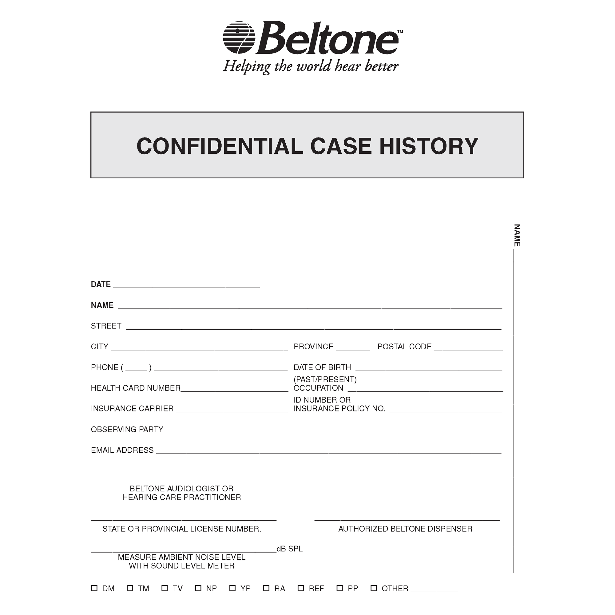 Confidential Case History Form