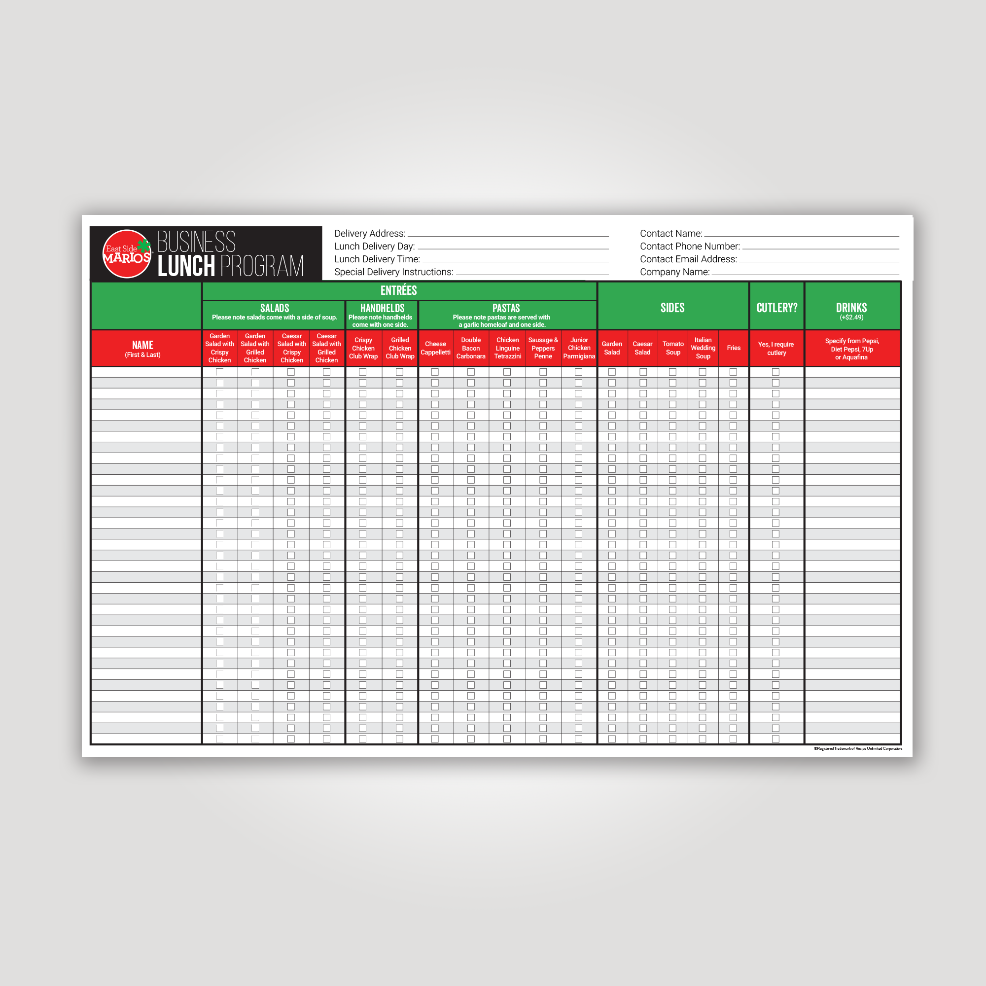 Business Lunch Order Form