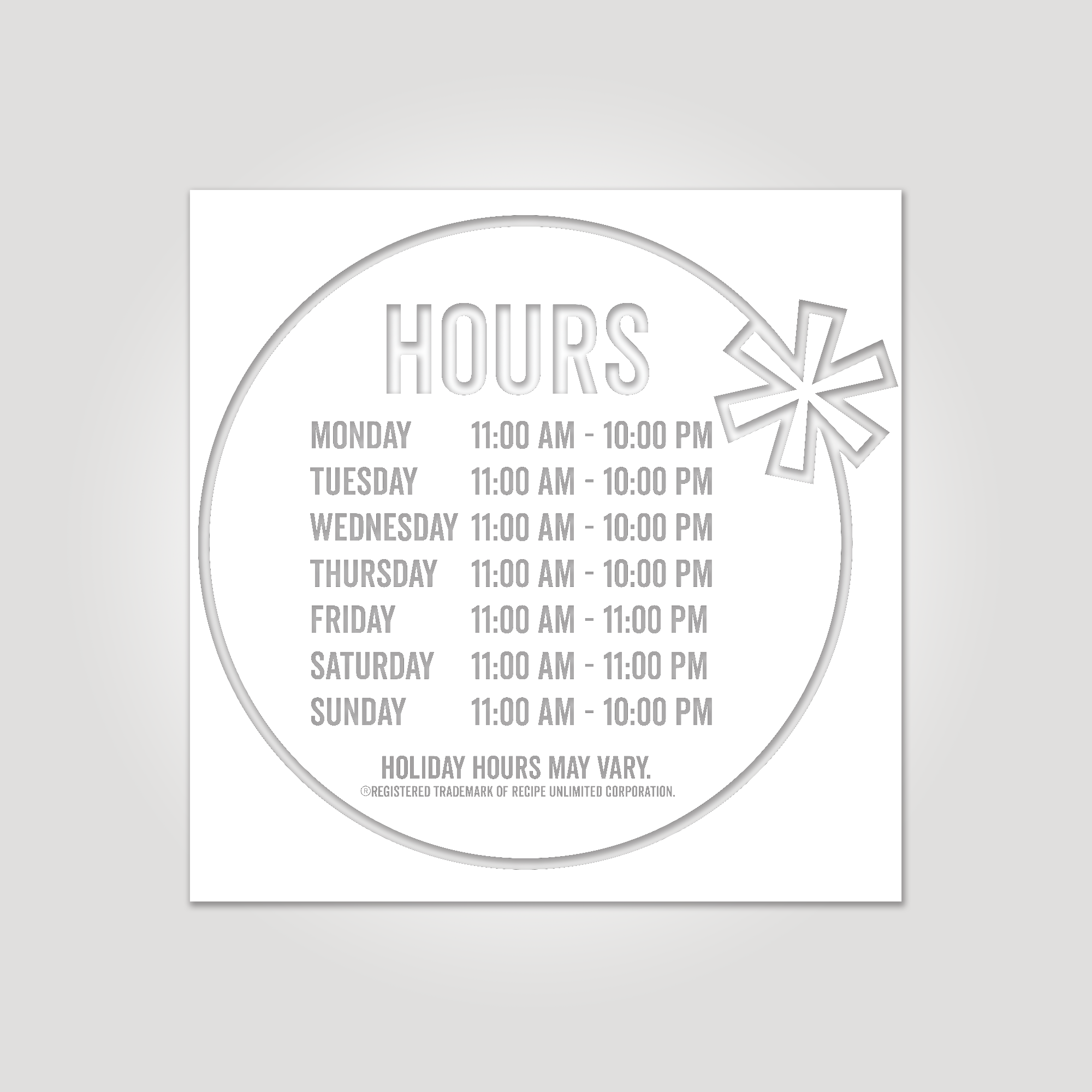 Hour of Operations Window Cling (Version 2)
